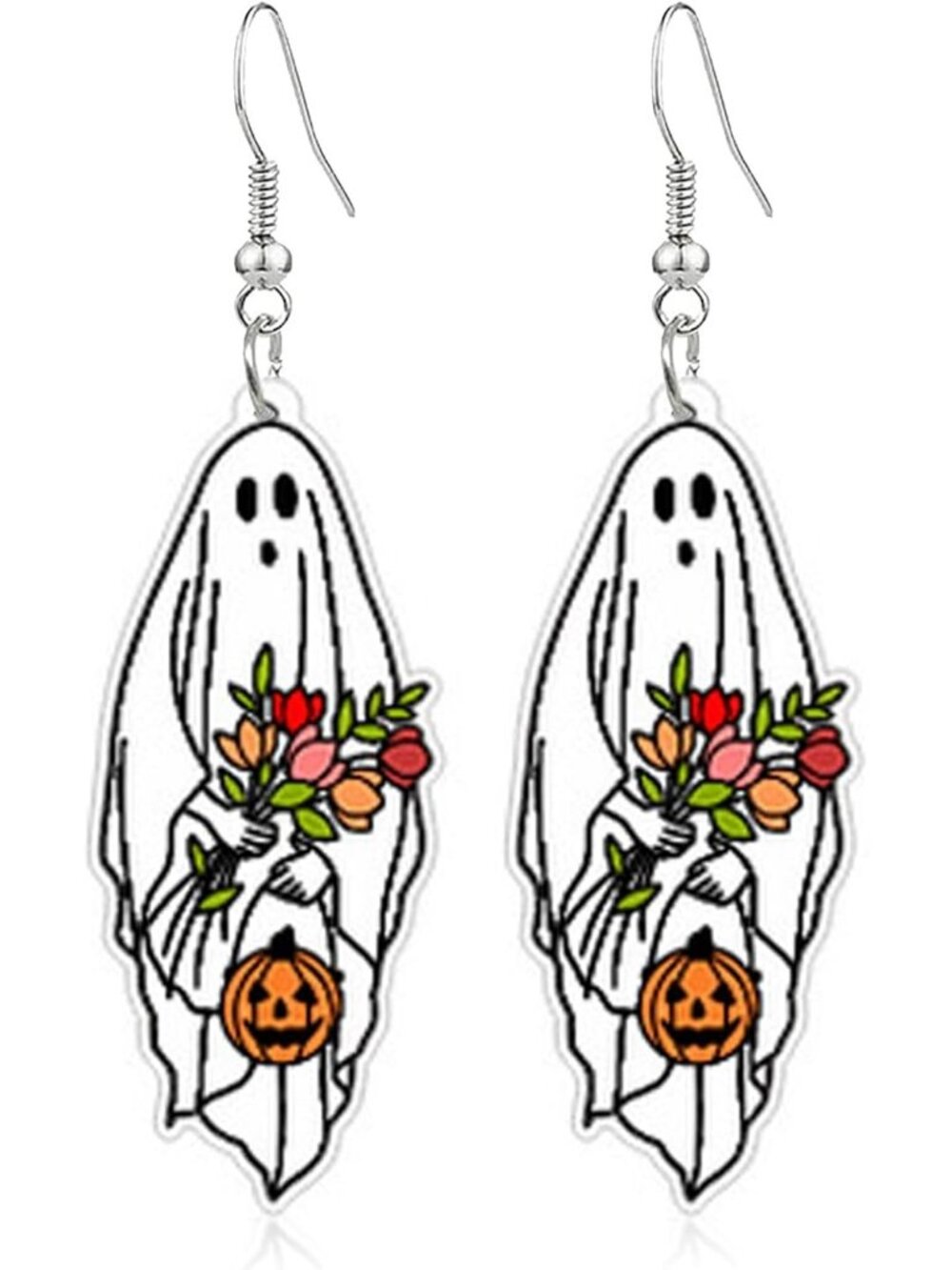 Women's White Orange Flower Charm Ghost Bee Spooky Halloween Jewelry Earrings